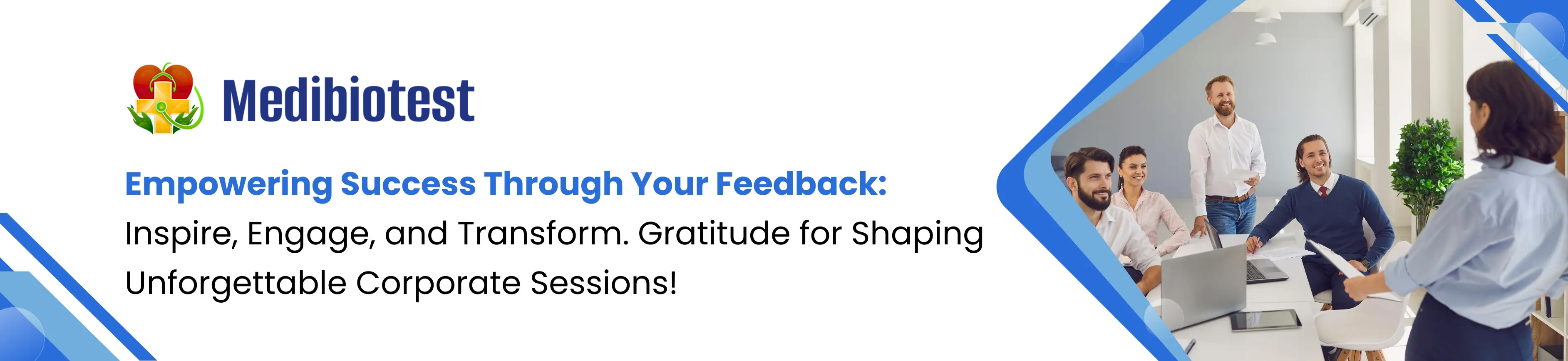 A banner featuring the text 'Corporate sessions for empowering success, inspiring and transforming, boosting employee performance and health.' This suggests the availability of corporate sessions designed to motivate and improve both employee performance and health.